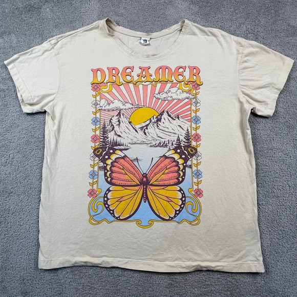 La Luna Tops - La Luna T Shirt Womens XL Cream Dreamer Butterfly Mountain Boho Retro Shirt